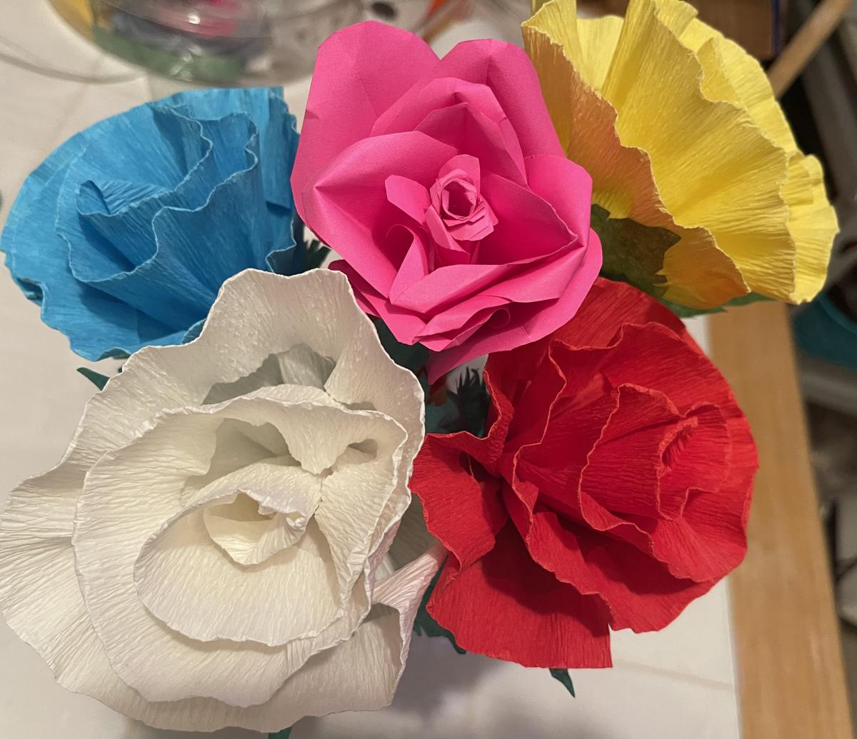 Paper flowers in white, blue, pink, red and yellow